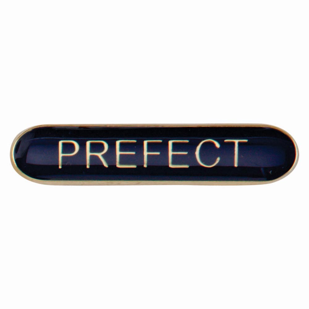 Prefect school bar badge in blue enamel with gold lettering and butterfly clutch fastening.