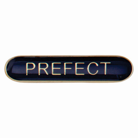 Prefect school bar badge in blue enamel with gold lettering and butterfly clutch fastening.