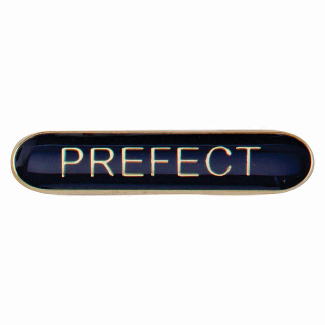 Prefect school bar badge in blue enamel with gold lettering and butterfly clutch fastening.