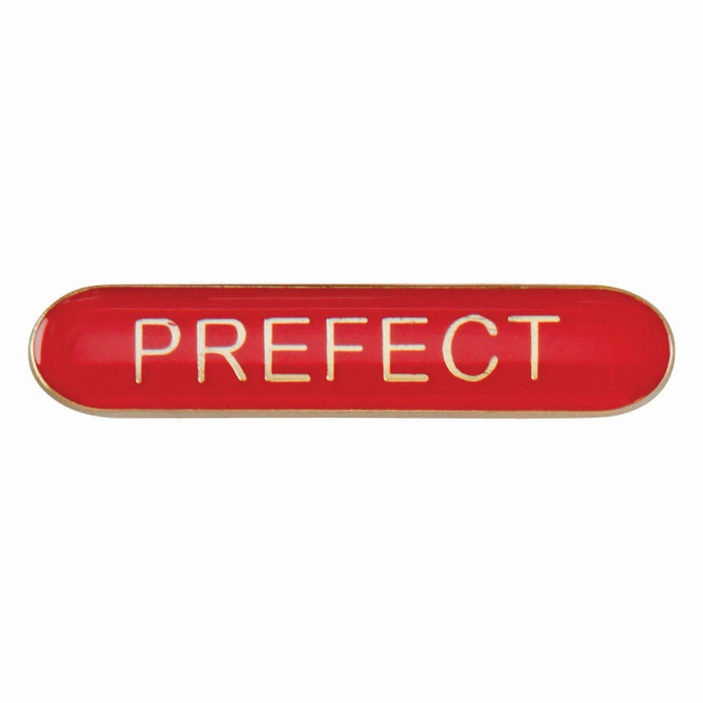 Prefect school bar badge in red enamel with gold lettering and butterfly clutch fastening.