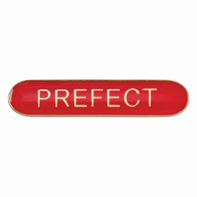 Prefect school bar badge in red enamel with gold lettering and butterfly clutch fastening.