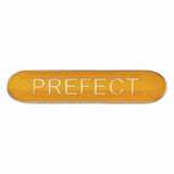 Prefect school bar badge in yellow enamel with gold lettering and butterfly clutch fastening.
