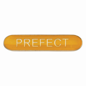 Prefect school bar badge in yellow enamel with gold lettering and butterfly clutch fastening.