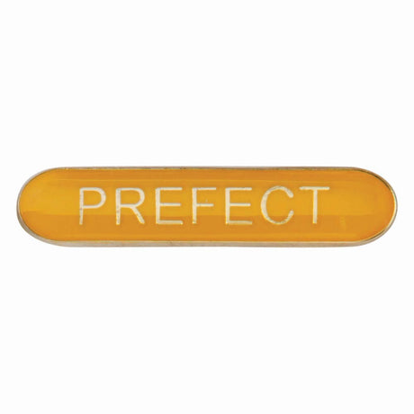 Prefect school bar badge in yellow enamel with gold lettering and butterfly clutch fastening.