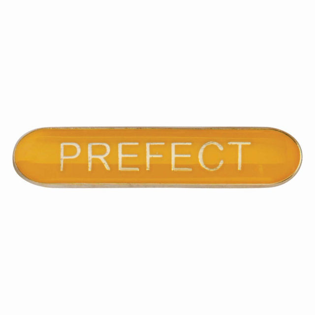 Prefect school bar badge in yellow enamel with gold lettering and butterfly clutch fastening.