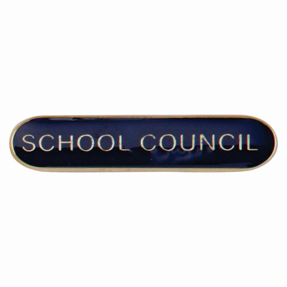 School council bar badge in blue enamel with gold lettering and butterfly clutch fastening.