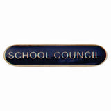 School council bar badge in blue enamel with gold lettering and butterfly clutch fastening.
