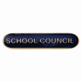 School council bar badge in blue enamel with gold lettering and butterfly clutch fastening.