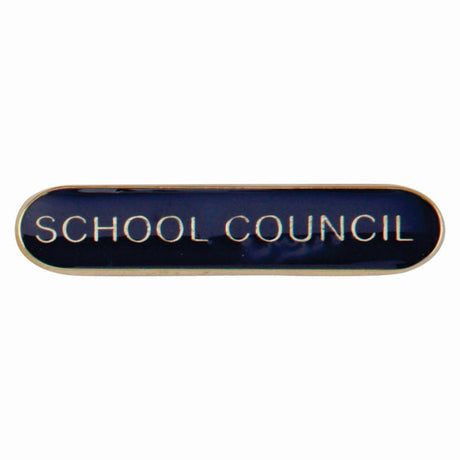 School council bar badge in blue enamel with gold lettering and butterfly clutch fastening.