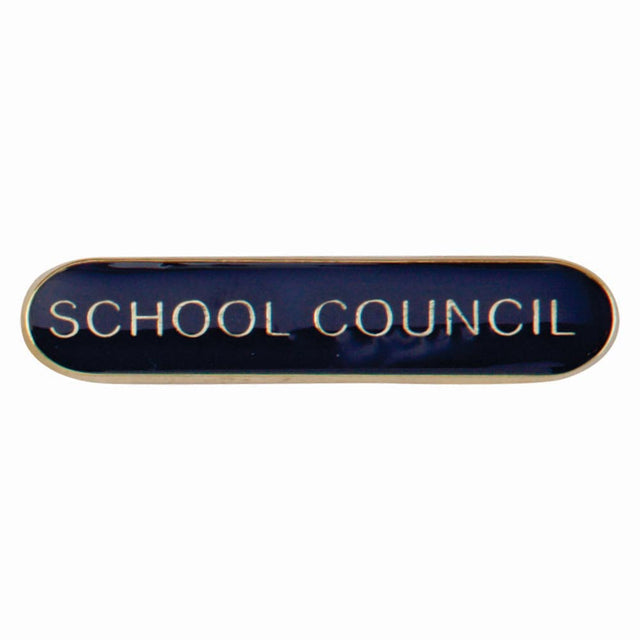 School council bar badge in blue enamel with gold lettering and butterfly clutch fastening.