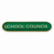 School council bar badge in green enamel with gold lettering and butterfly clutch fastening.