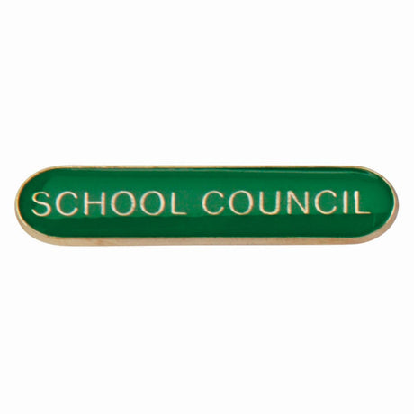 School council bar badge in green enamel with gold lettering and butterfly clutch fastening.
