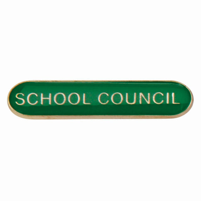 School council bar badge in green enamel with gold lettering and butterfly clutch fastening.