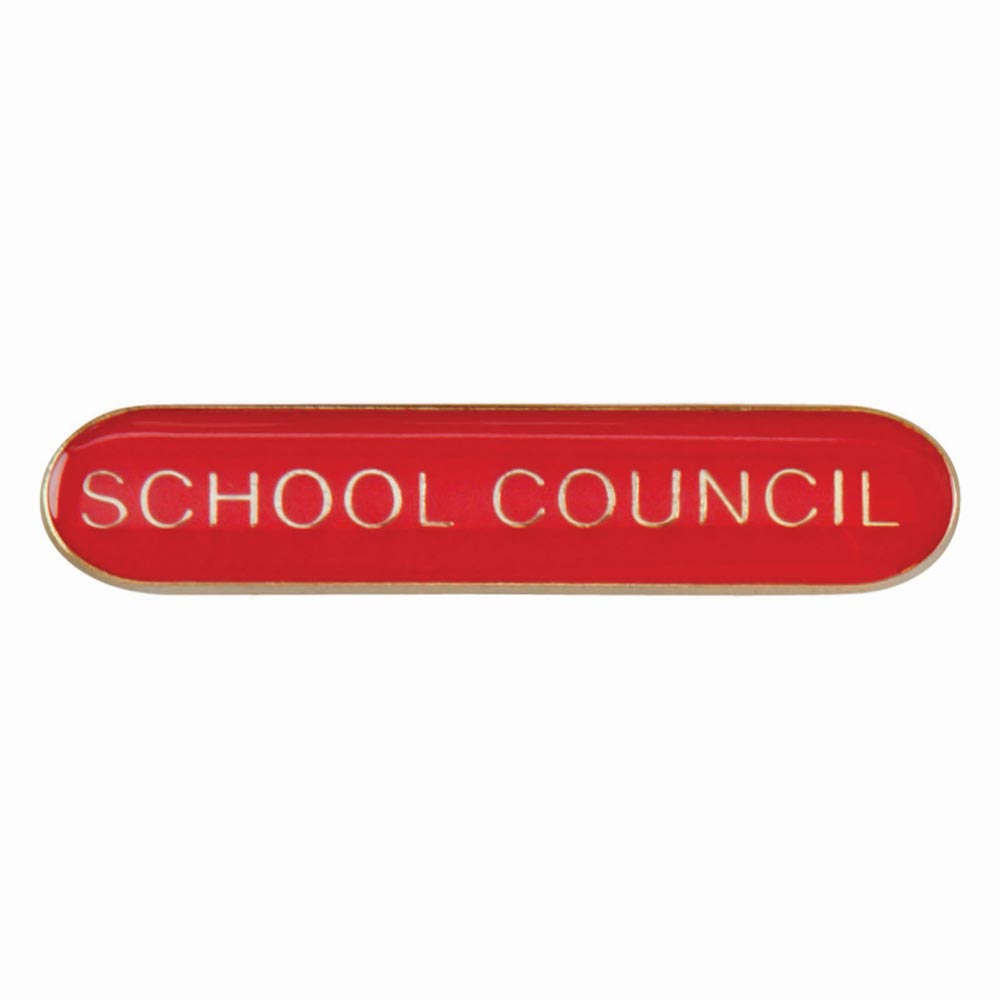 School council bar badge in red enamel with gold lettering and butterfly clutch fastening.