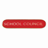School council bar badge in red enamel with gold lettering and butterfly clutch fastening.