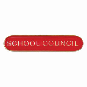 School council bar badge in red enamel with gold lettering and butterfly clutch fastening.
