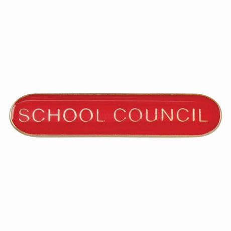 School council bar badge in red enamel with gold lettering and butterfly clutch fastening.