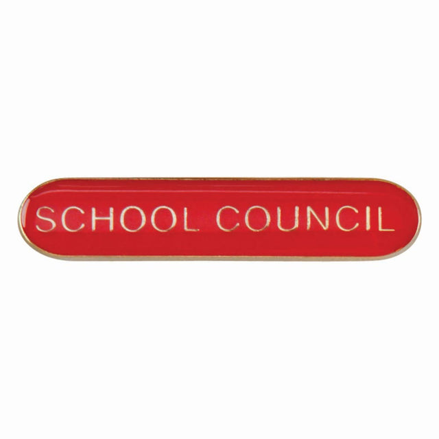 School council bar badge in red enamel with gold lettering and butterfly clutch fastening.