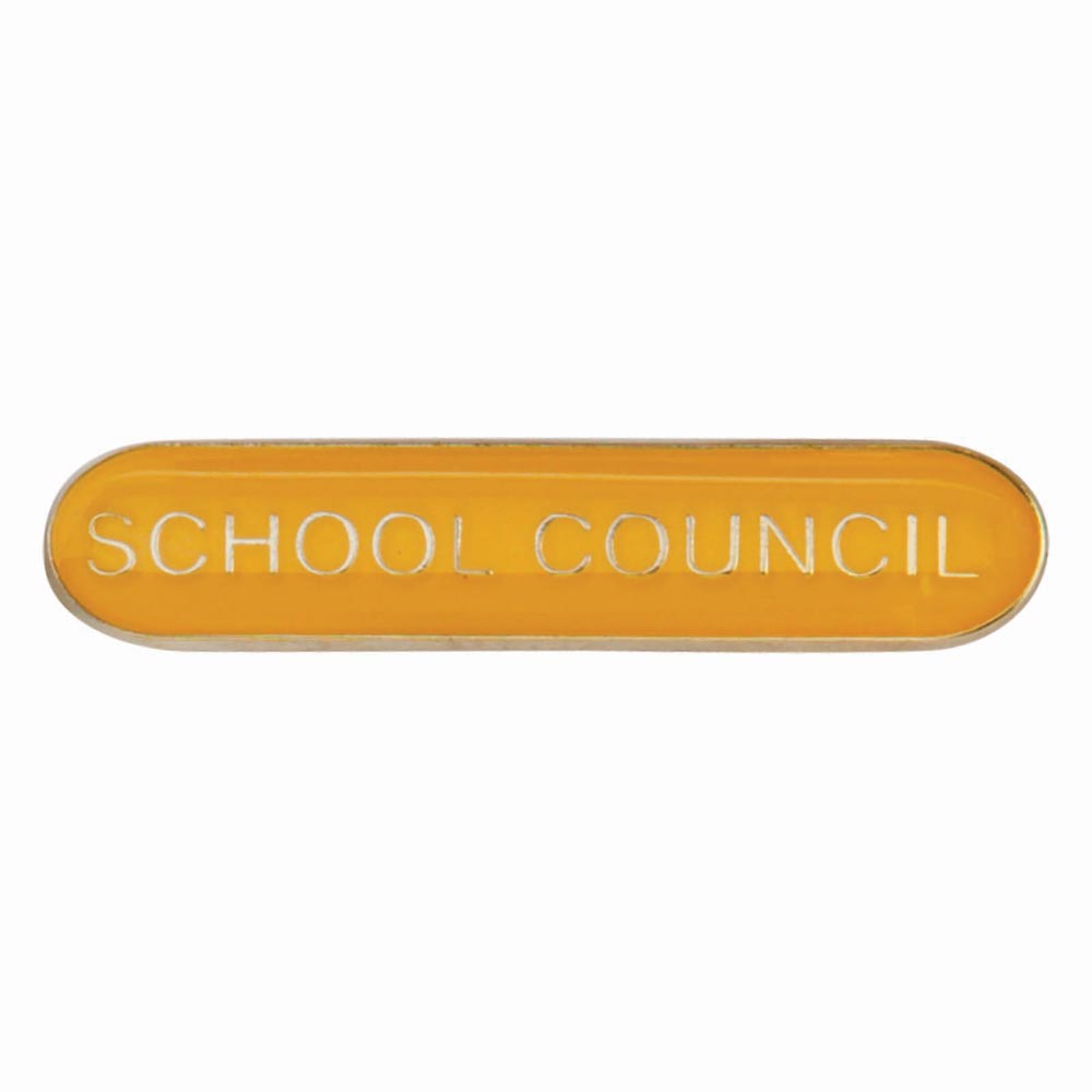 School council bar badge in yellow enamel with gold lettering and butterfly clutch fastening.