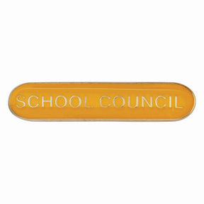 School council bar badge in yellow enamel with gold lettering and butterfly clutch fastening.