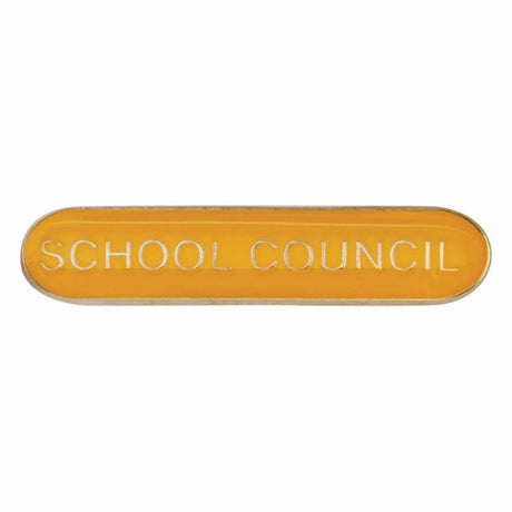 School council bar badge in yellow enamel with gold lettering and butterfly clutch fastening.