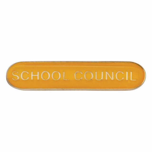 School council bar badge in yellow enamel with gold lettering and butterfly clutch fastening.