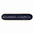School student council bar badge in blue enamel with gold lettering and butterfly clutch fastening.