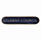 School student council bar badge in blue enamel with gold lettering and butterfly clutch fastening.