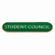 School student council bar badge in green enamel with gold lettering and butterfly clutch fastening.