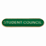 School student council bar badge in green enamel with gold lettering and butterfly clutch fastening.