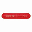 School student council bar badge in red enamel with gold lettering and butterfly clutch fastening.