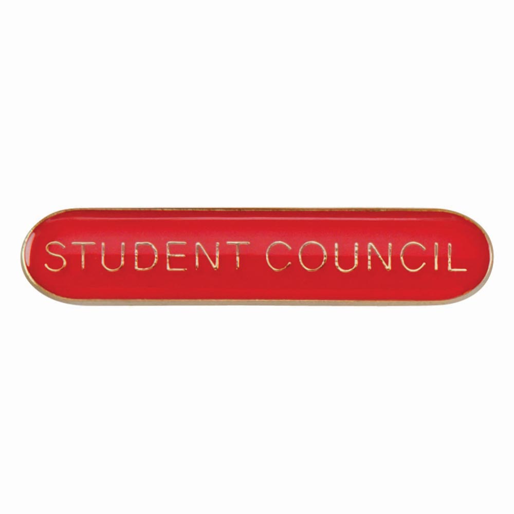 School student council bar badge in red enamel with gold lettering and butterfly clutch fastening.