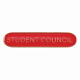 School student council bar badge in red enamel with gold lettering and butterfly clutch fastening.
