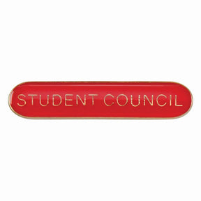 School student council bar badge in red enamel with gold lettering and butterfly clutch fastening.