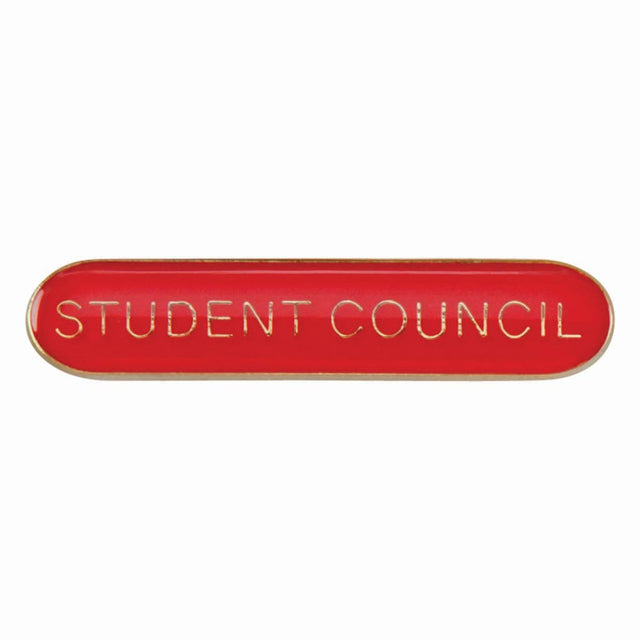 School student council bar badge in red enamel with gold lettering and butterfly clutch fastening.