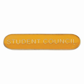 School student council bar badge in yellow enamel with gold lettering and butterfly clutch fastening.