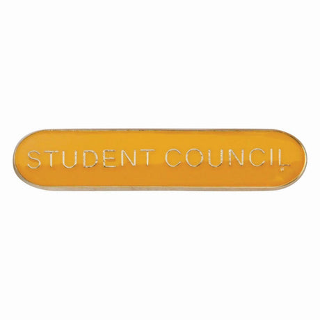 School student council bar badge in yellow enamel with gold lettering and butterfly clutch fastening.