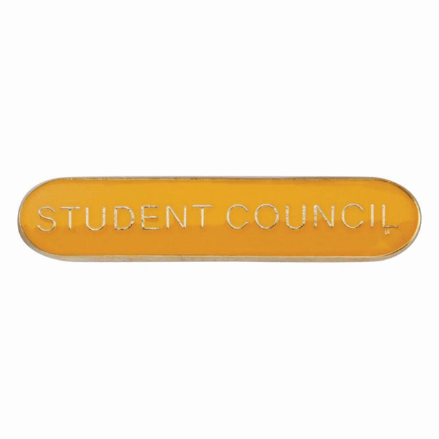 School student council bar badge in yellow enamel with gold lettering and butterfly clutch fastening.