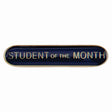 School student of the month bar badge in blue enamel with gold lettering and butterfly clutch fastening.