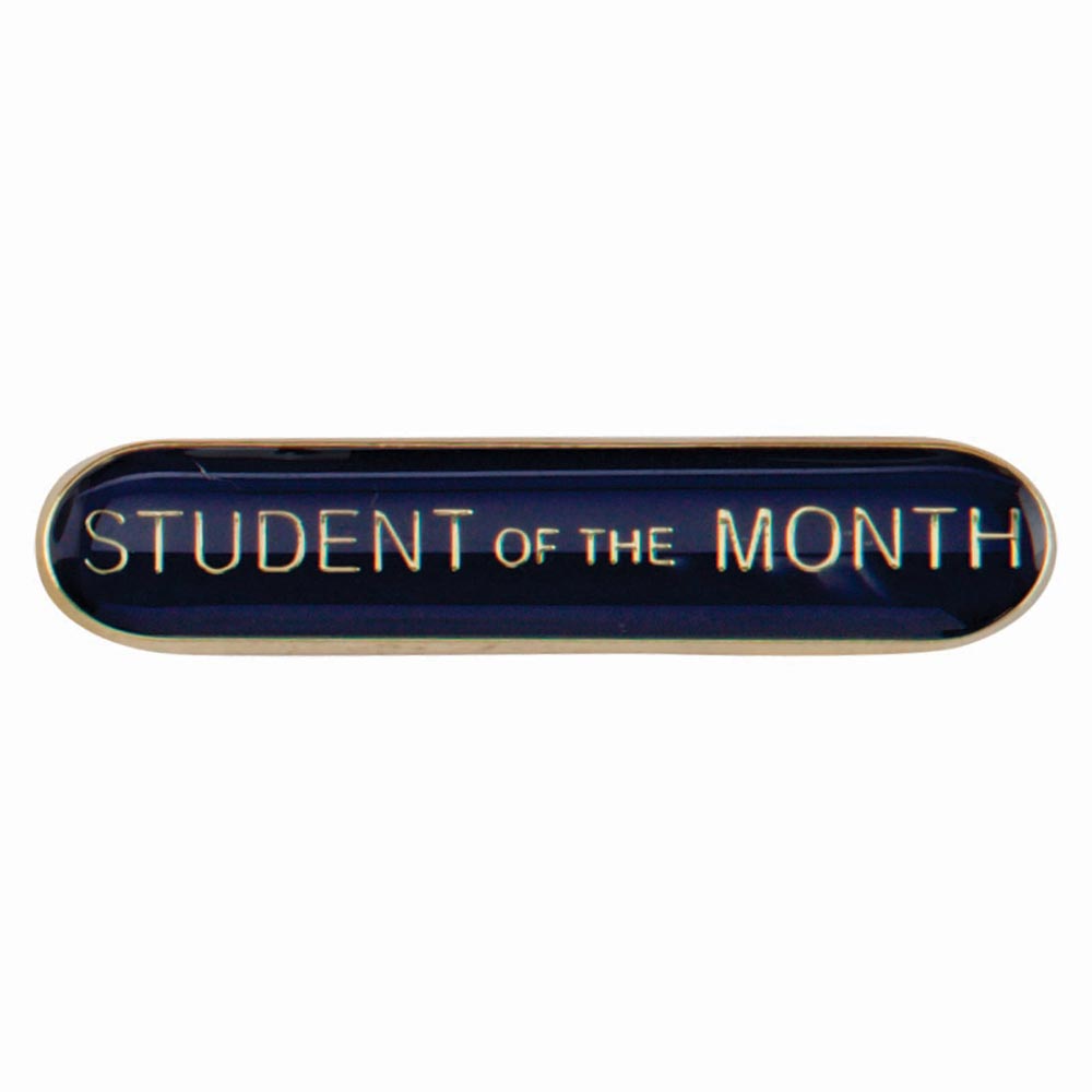 School student of the month bar badge in blue enamel with gold lettering and butterfly clutch fastening.