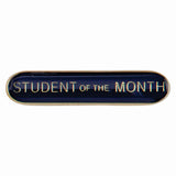 School student of the month bar badge in blue enamel with gold lettering and butterfly clutch fastening.