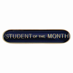 School student of the month bar badge in blue enamel with gold lettering and butterfly clutch fastening.