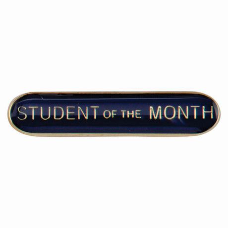 School student of the month bar badge in blue enamel with gold lettering and butterfly clutch fastening.