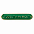 School student of the month bar badge in green enamel with gold lettering and butterfly clutch fastening.
