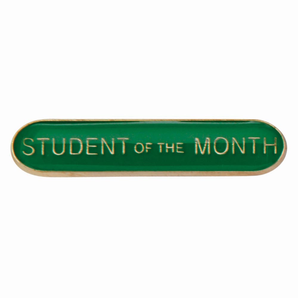 School student of the month bar badge in green enamel with gold lettering and butterfly clutch fastening.