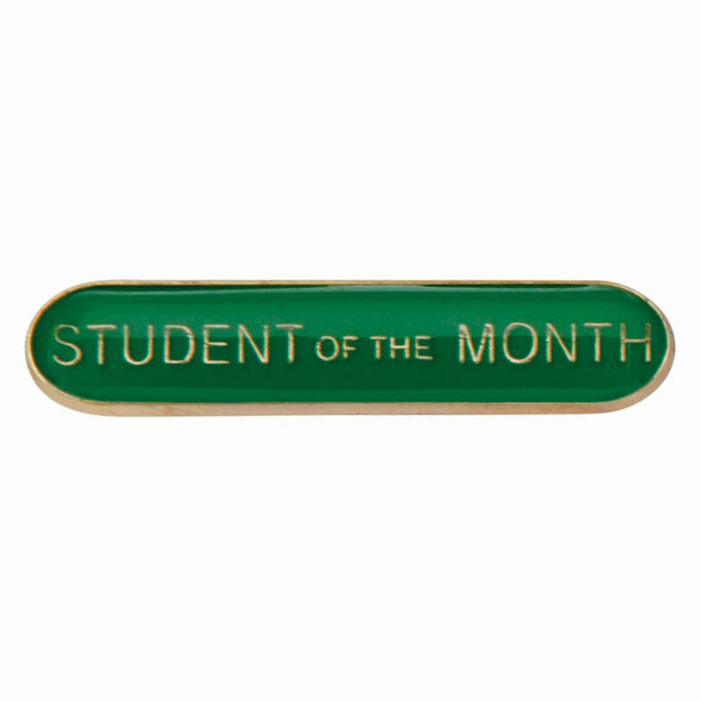 School student of the month bar badge in green enamel with gold lettering and butterfly clutch fastening.