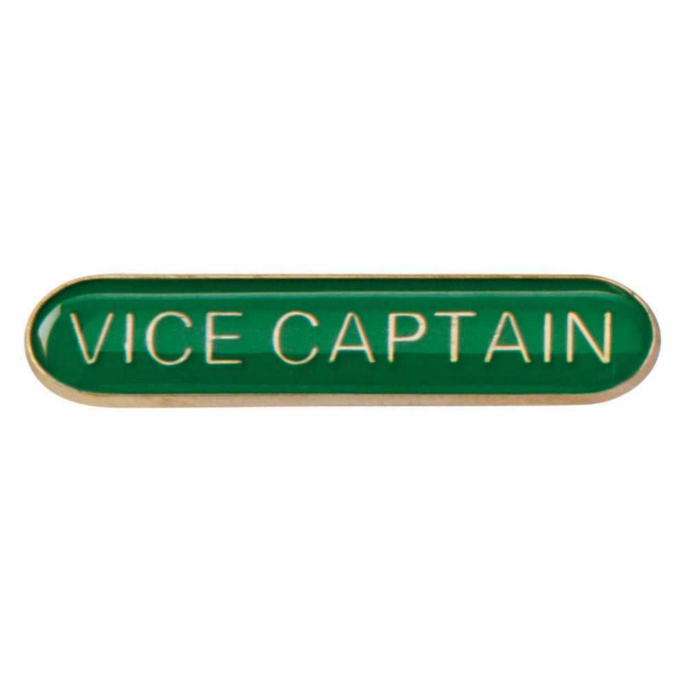 Vice Captain school bar badge in green enamel with gold lettering and butterfly clutch fastening.