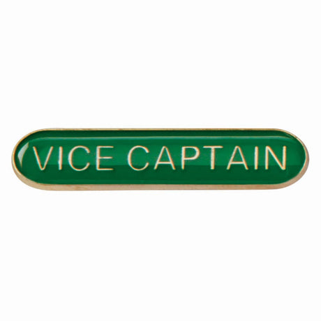 Vice Captain school bar badge in green enamel with gold lettering and butterfly clutch fastening.