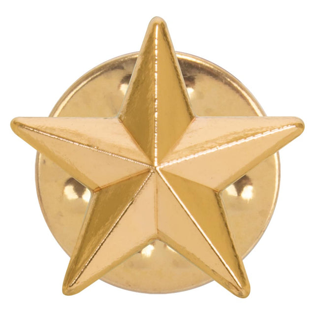 3D gold star school achievement badge with polished metal finish and butterfly clutch fastening.