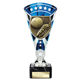 Blue Cobra Star Cup football boot and ball trophy with personalised engraving plate